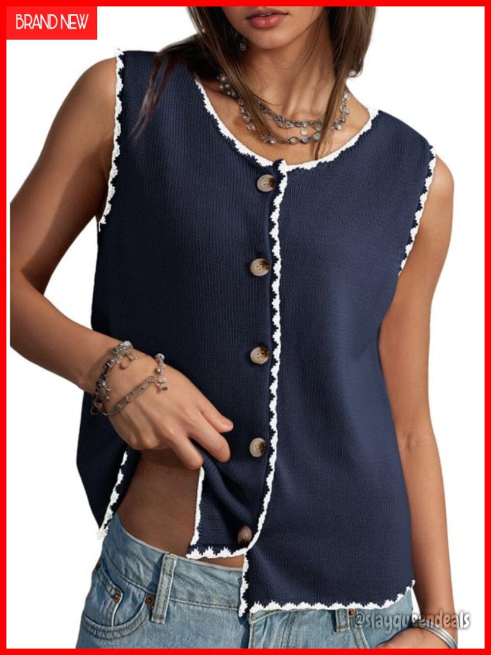 Button Up Color Block Sweater Vest Sleeveless Knit Tank Top for Women